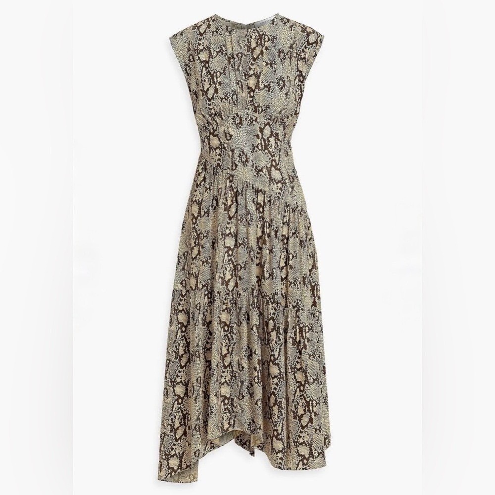 Frame Dress Snake Print 100% Silk Asymmetrical Large Y2K Midi Beige Brown Luxury